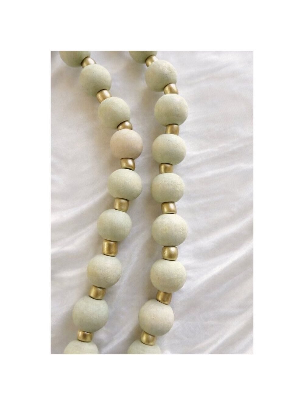 Wood Bead Necklace Sage Green Gold Double Heart Pendant - Picture 5 of 8